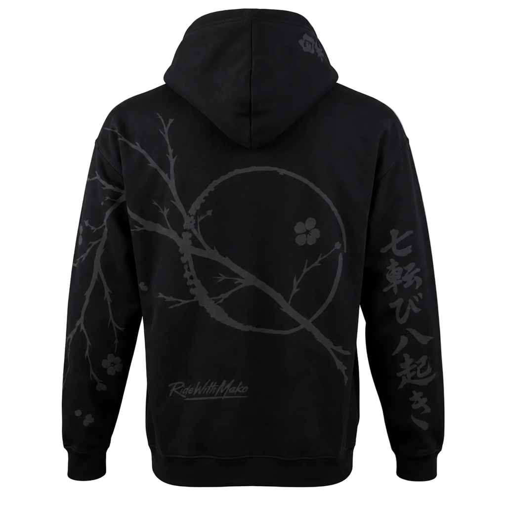 Black pullover hoodie shown from the back, featuring a dark gray cherry blossom branch and circle graphic, Japanese characters on the right sleeve, and a small 'Rough With Pride' logo near the lower back, set against a plain white background.
