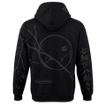Black pullover hoodie shown from the back, featuring a dark gray cherry blossom branch and circle graphic, Japanese characters on the right sleeve, and a small 'Rough With Pride' logo near the lower back, set against a plain white background.