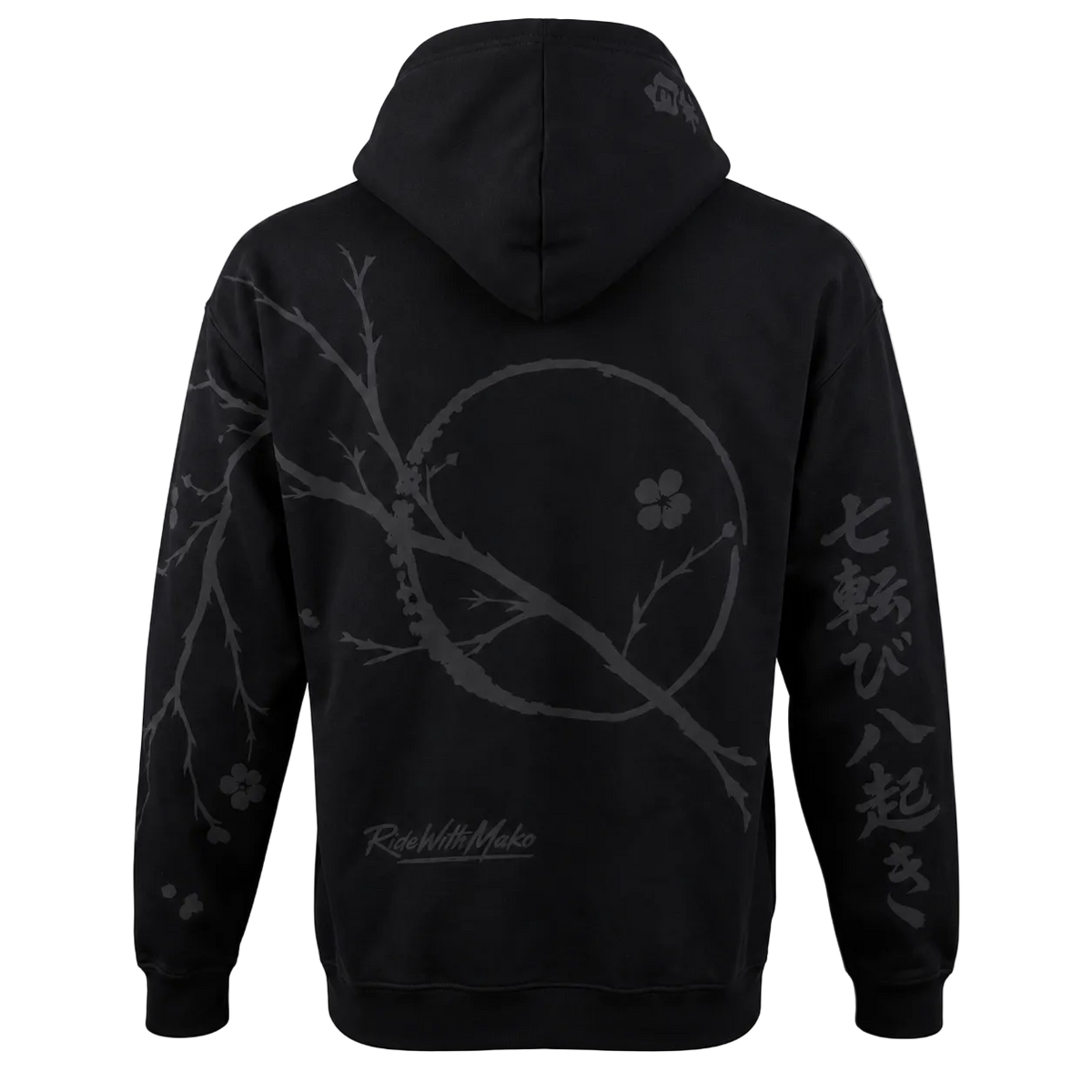 Black pullover hoodie shown from the back, featuring a dark gray cherry blossom branch and circle graphic, Japanese characters on the right sleeve, and a small 'Rough With Pride' logo near the lower back, set against a plain white background.